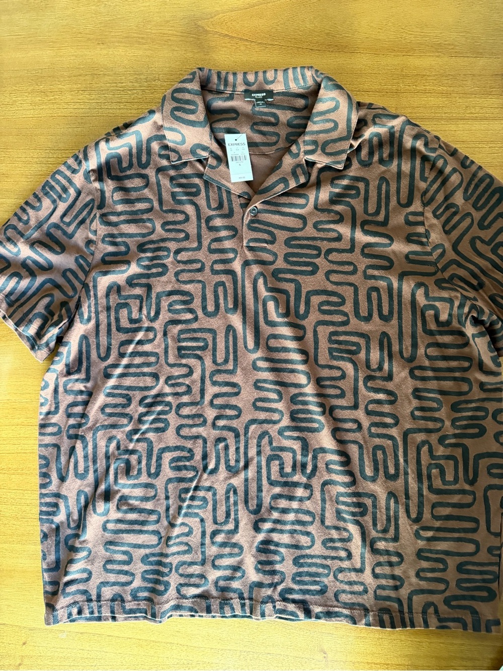 Express Brown Polo with Black Abstract Maze Print